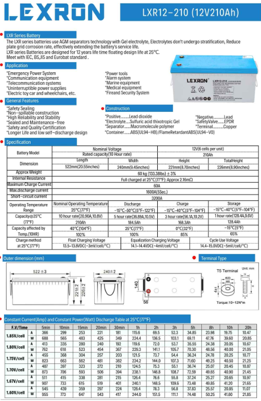 Lexron 210 Amper 12 Volt Jel Akü